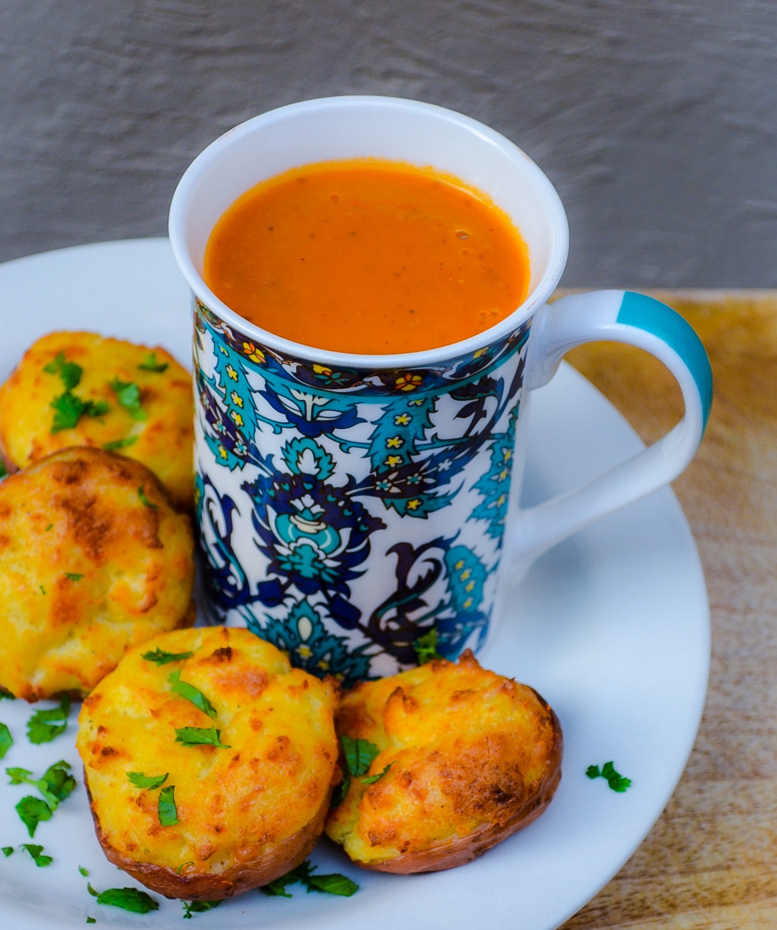 Roasted Tomato & Thyme Soup with Fluffy Baked Potatoes 