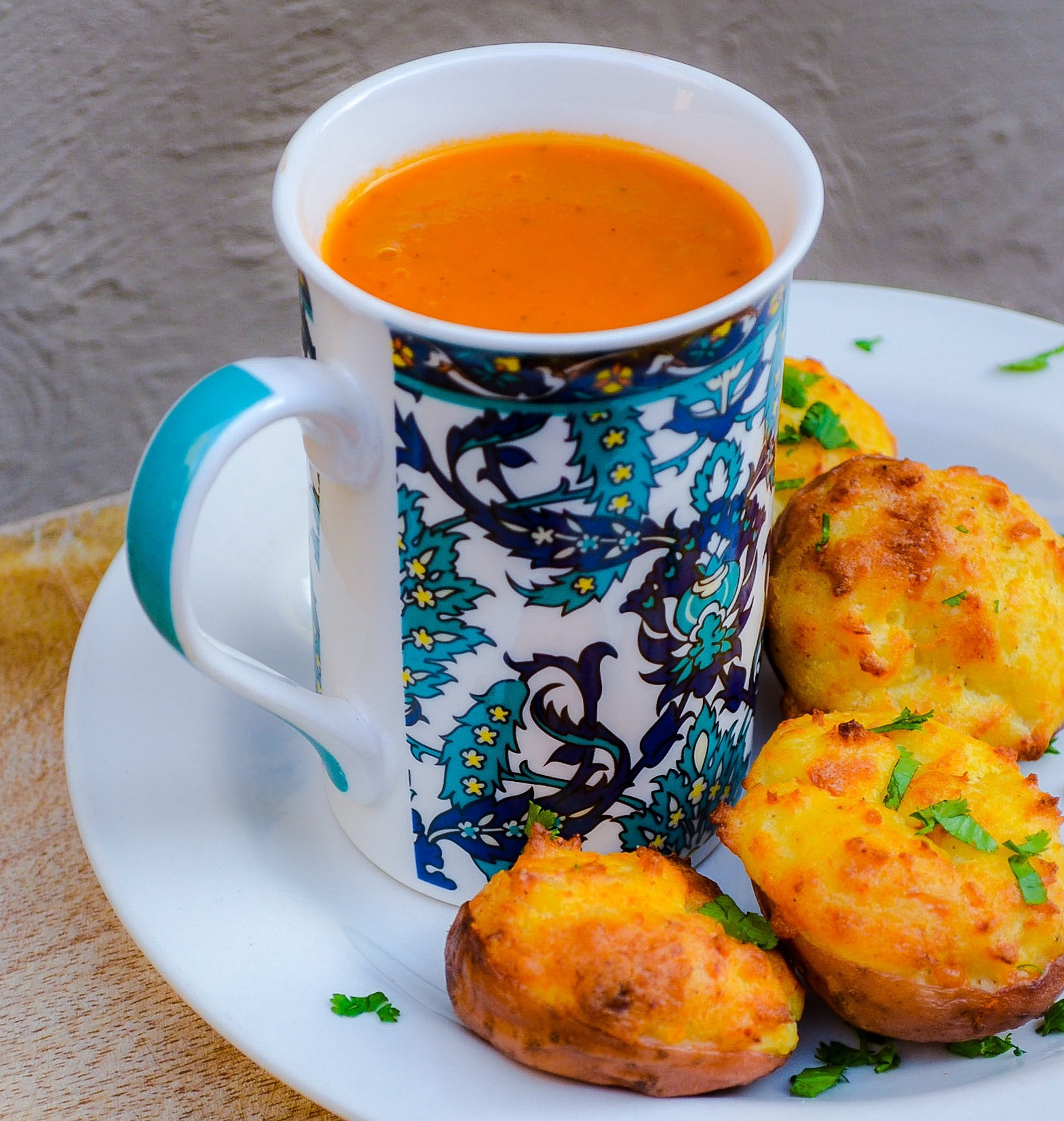 Roasted Tomato & Thyme Soup with Fluffy Baked Potatoes 