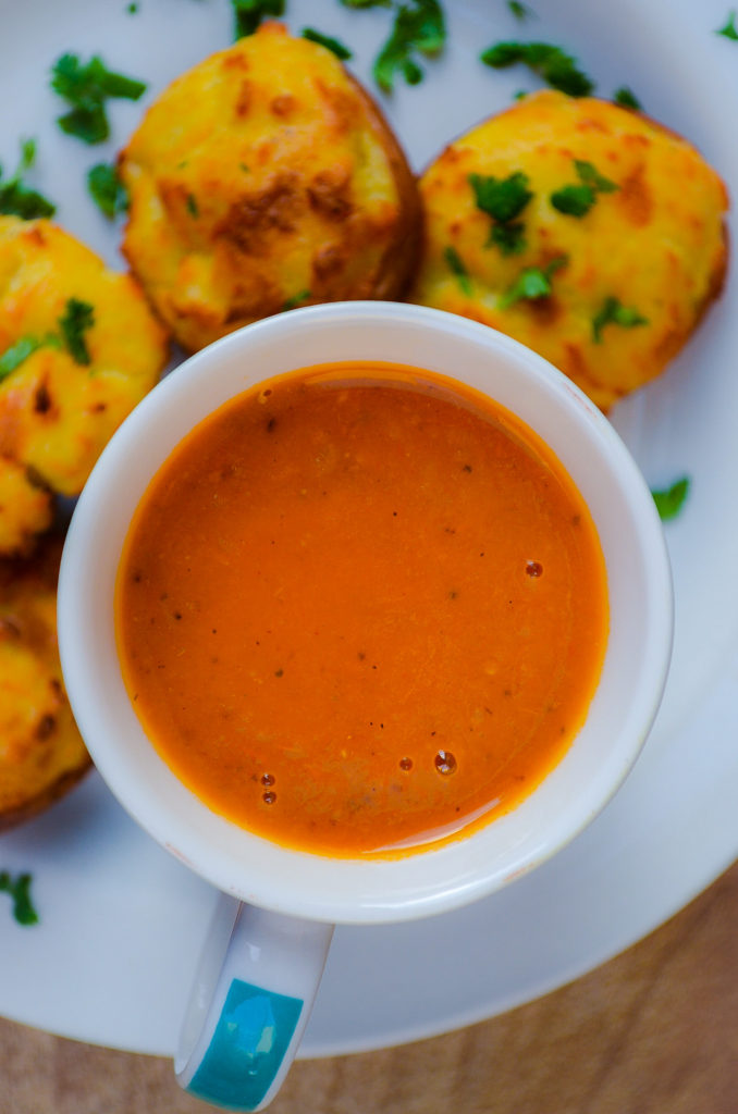 Roasted Tomato & Thyme Soup with Fluffy Baked Potatoes